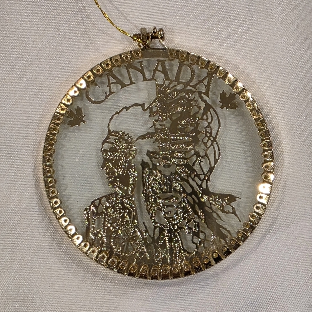 Vintage Canada Souvenir Aboriginal Gold Tone Metal & Glass Christmas Ornament